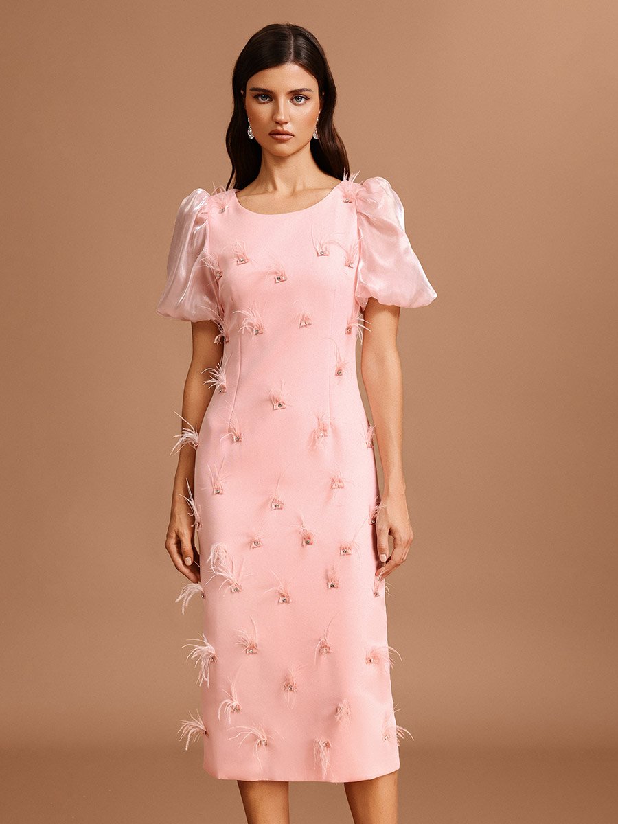 Women Pink Puff Sleeves Feather Detail Midi Dress