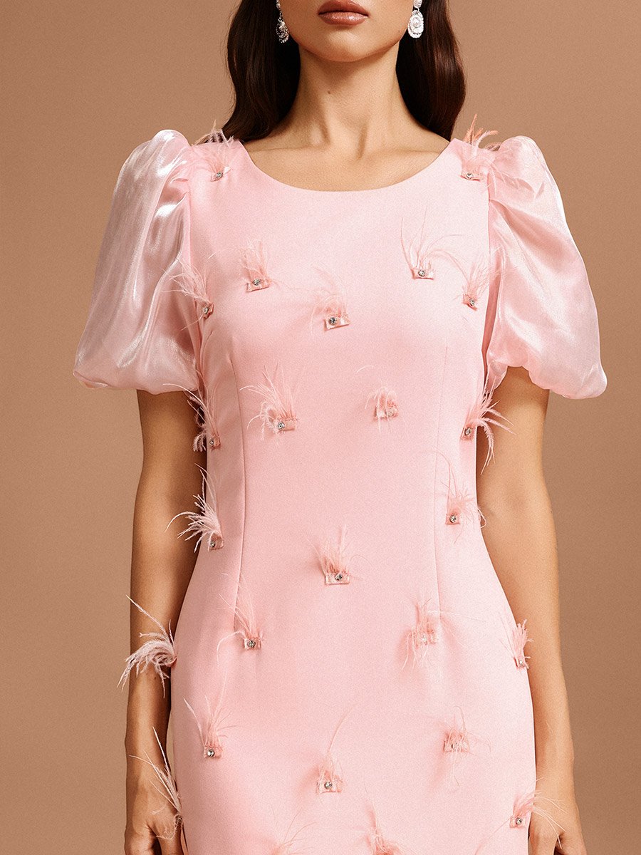 Women Pink Puff Sleeves Feather Detail Midi Dress