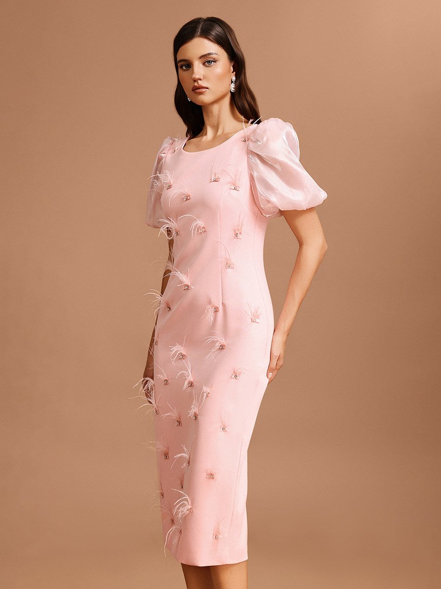 Women Pink Puff Sleeves Feather Detail Midi Dress