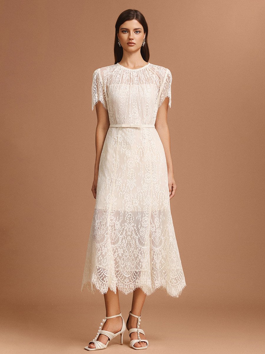 Women Beige All-Lace Midi Dress