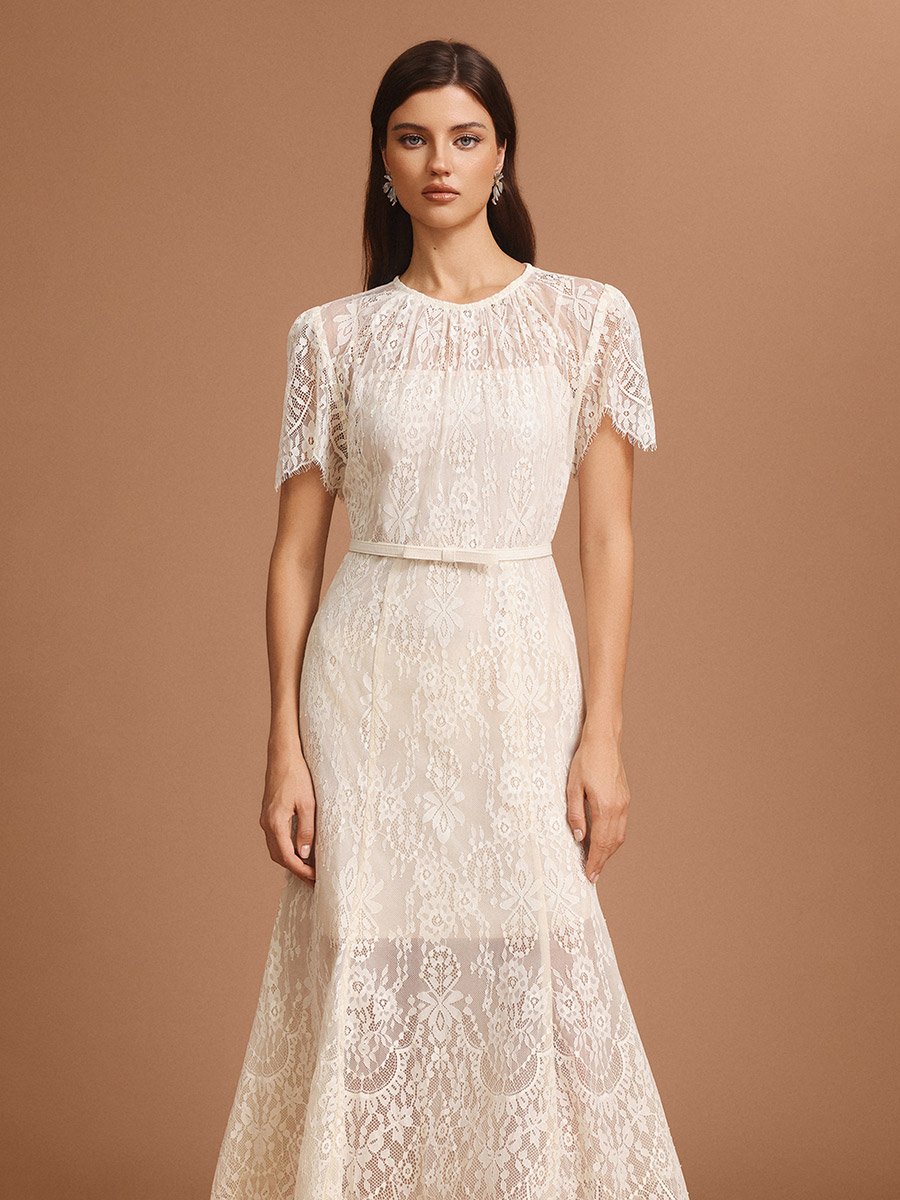 Women Beige All-Lace Midi Dress