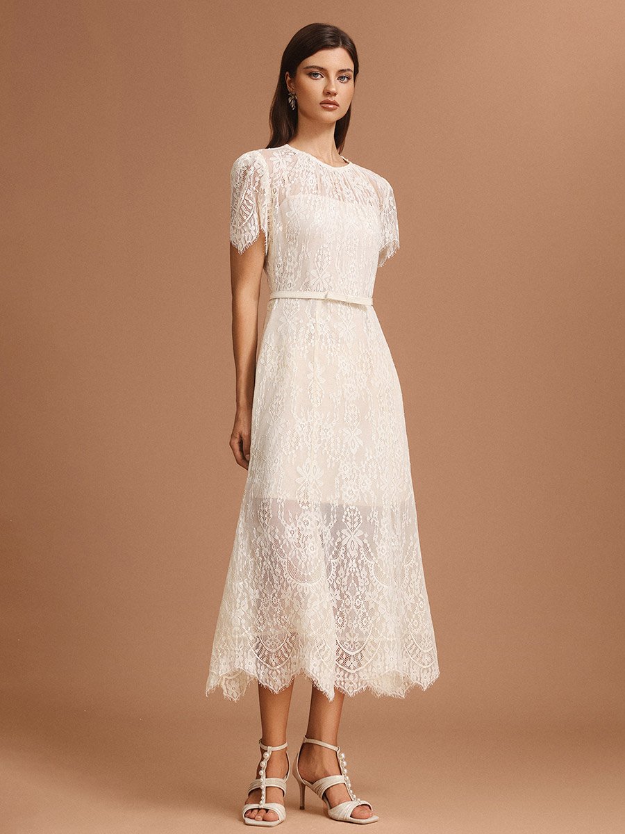 Women Beige All-Lace Midi Dress