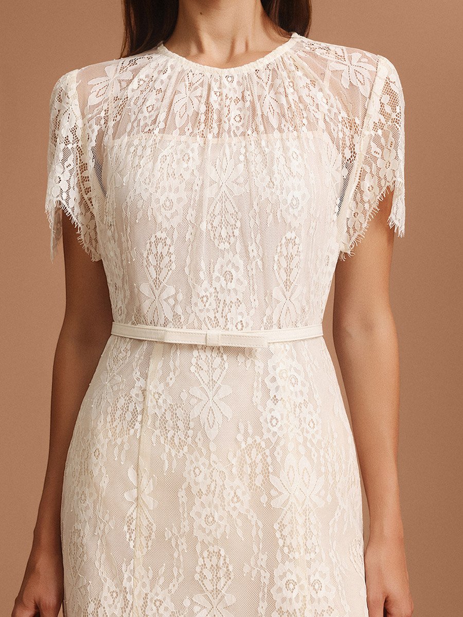Women Beige All-Lace Midi Dress
