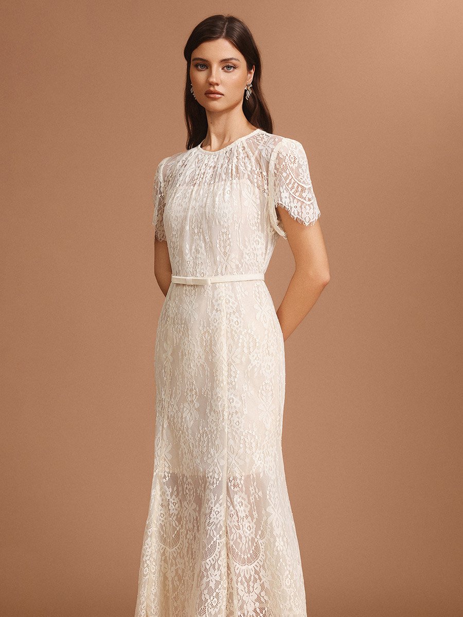 Women Beige All-Lace Midi Dress