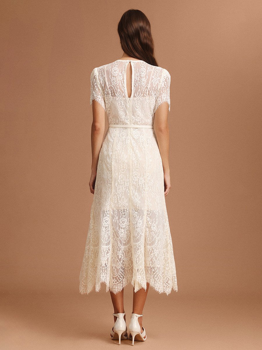 Women Beige All-Lace Midi Dress