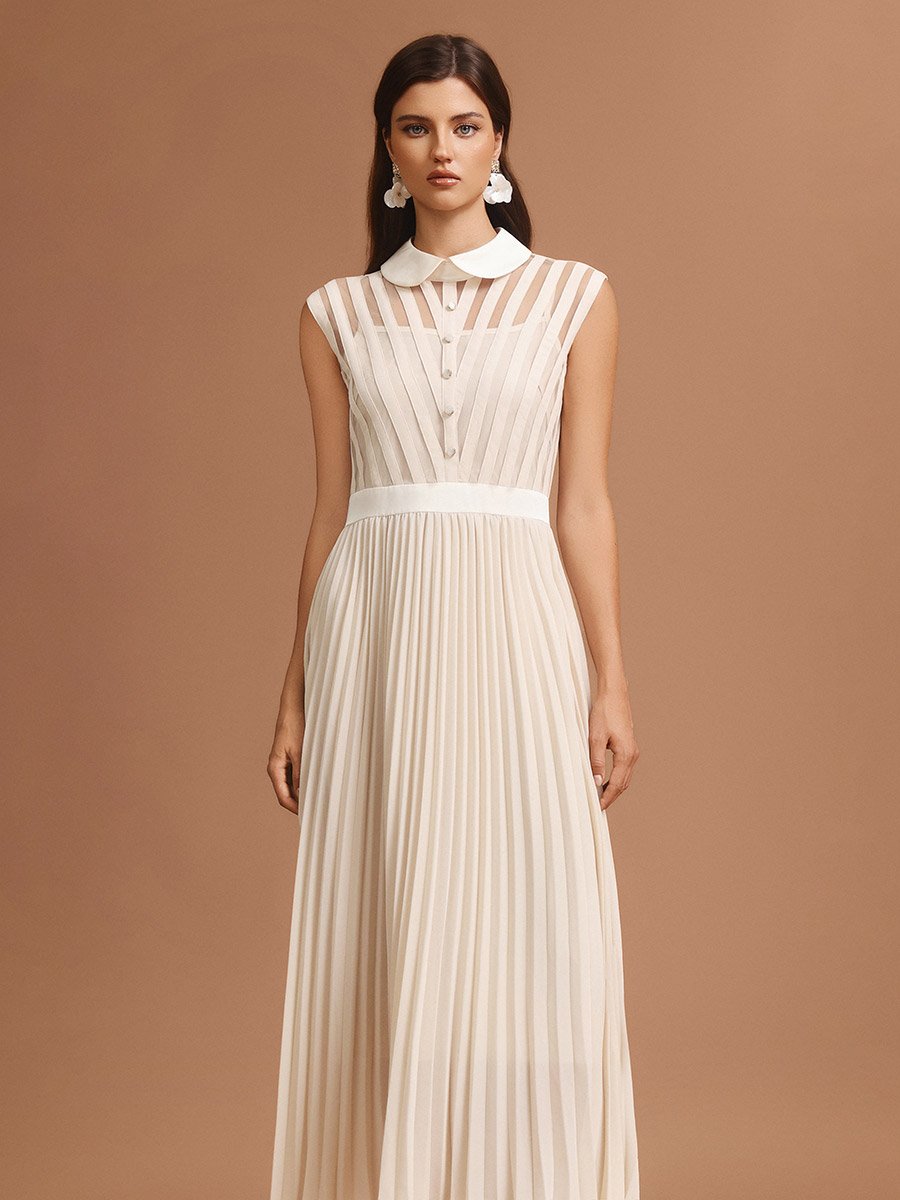 Women Beige Pleated Detail Sleeveless Maxi Dress