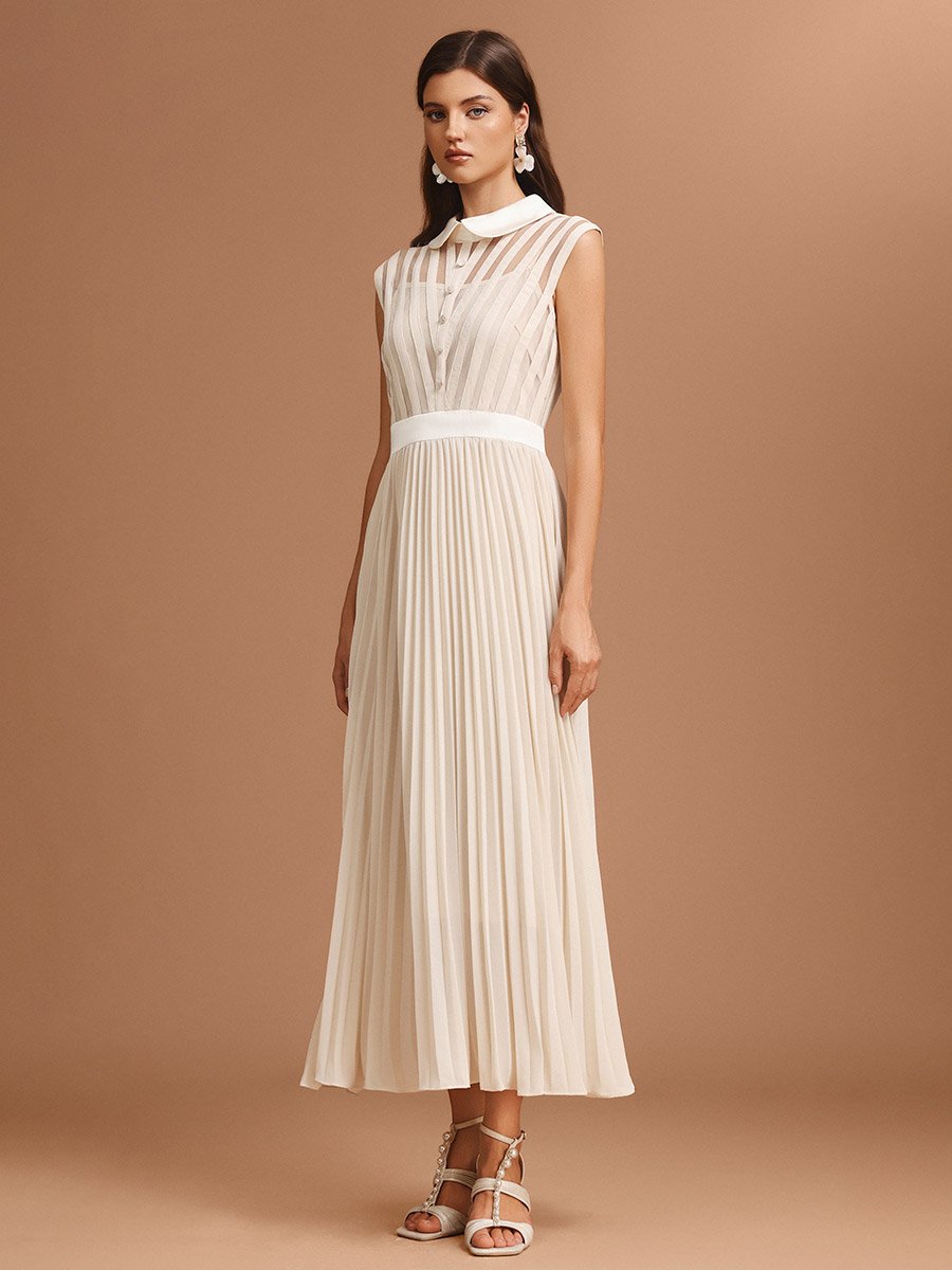 Women Beige Pleated Detail Sleeveless Maxi Dress