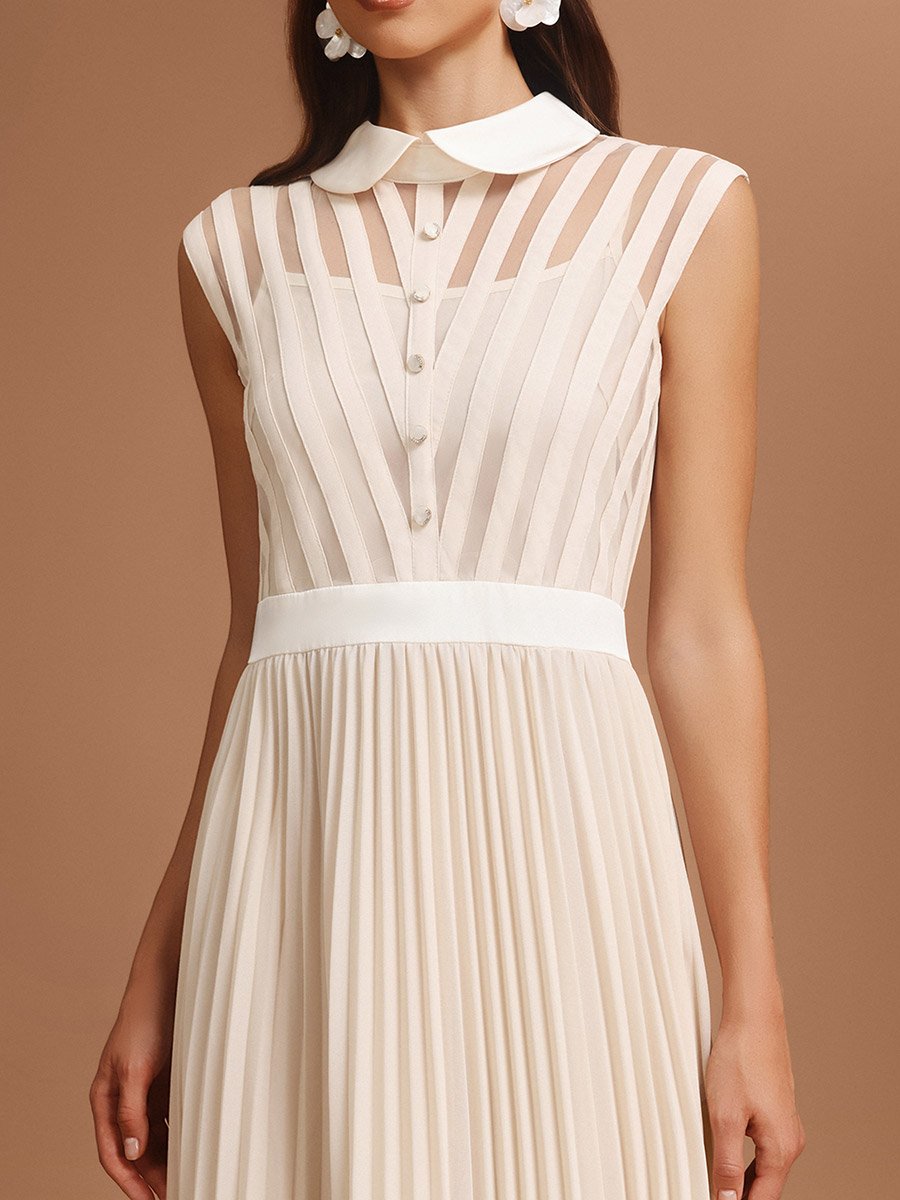Women Beige Pleated Detail Sleeveless Maxi Dress