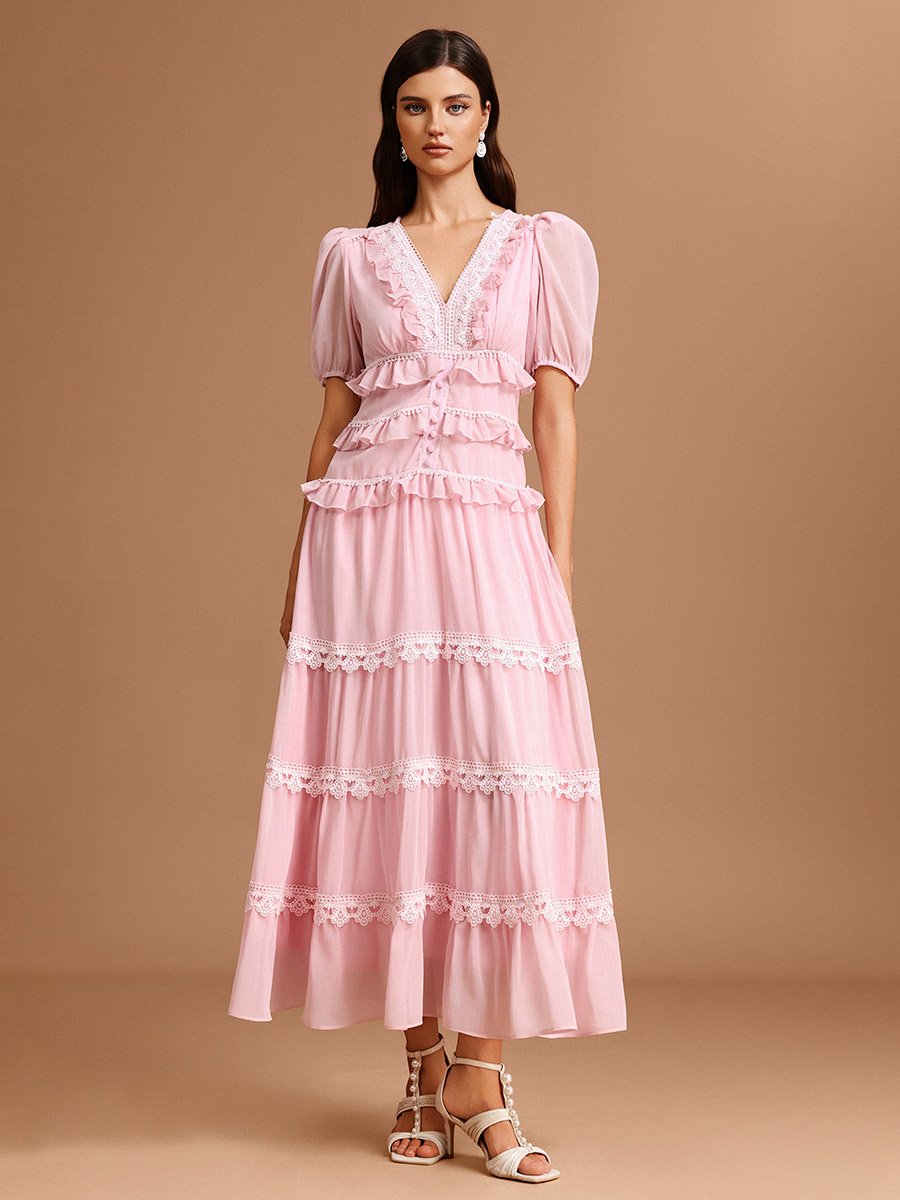 Women Pink Puff Sleeves Lace Detail Maxi Dress