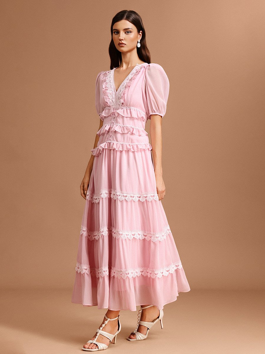 Women Pink Puff Sleeves Lace Detail Maxi Dress