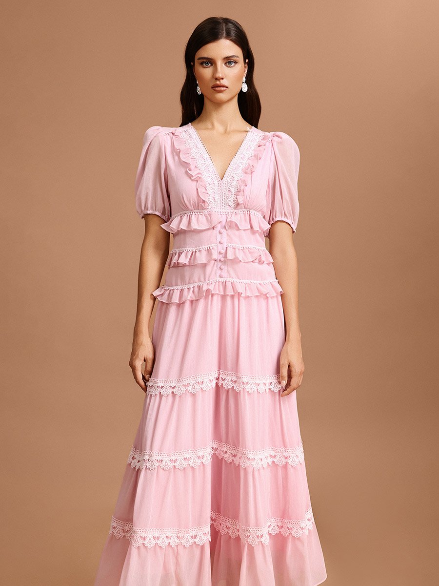 Women Pink Puff Sleeves Lace Detail Maxi Dress
