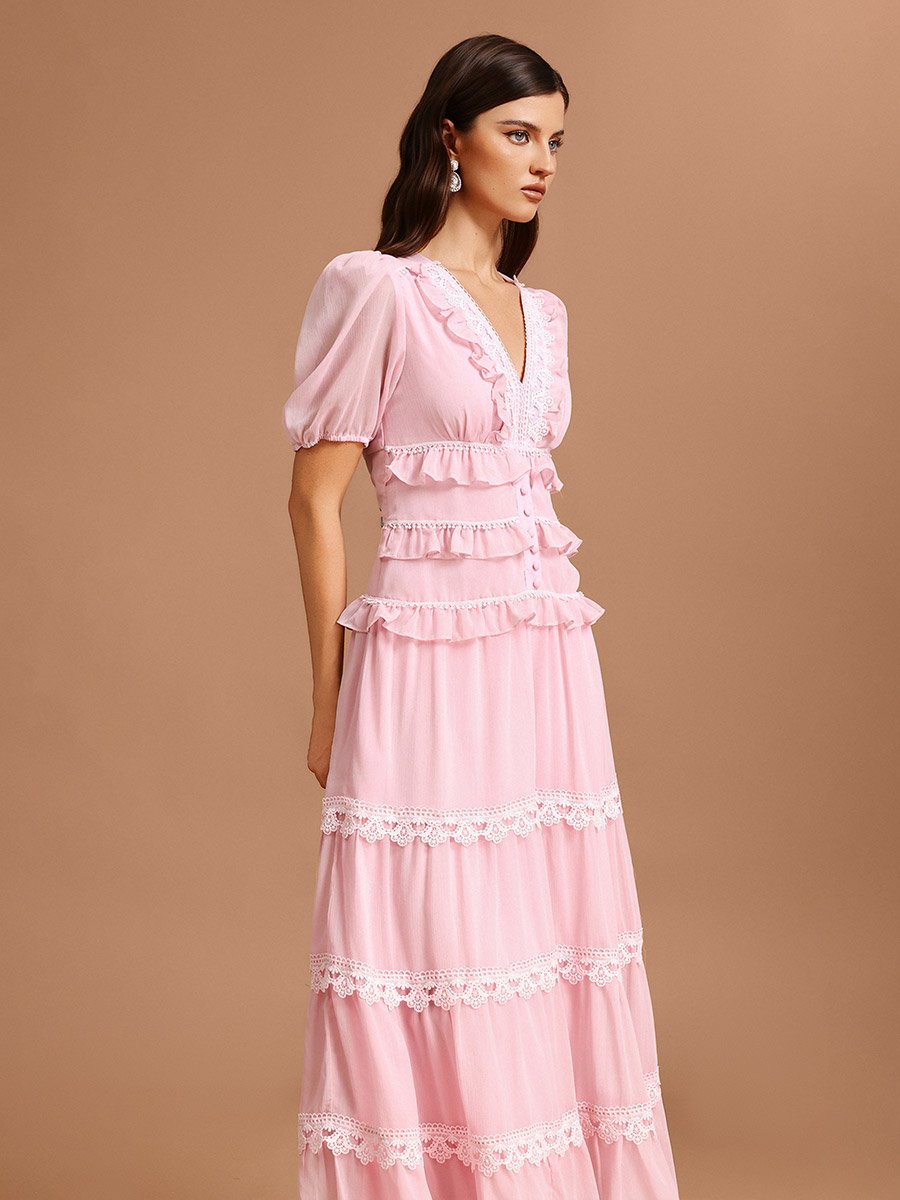 Women Pink Puff Sleeves Lace Detail Maxi Dress