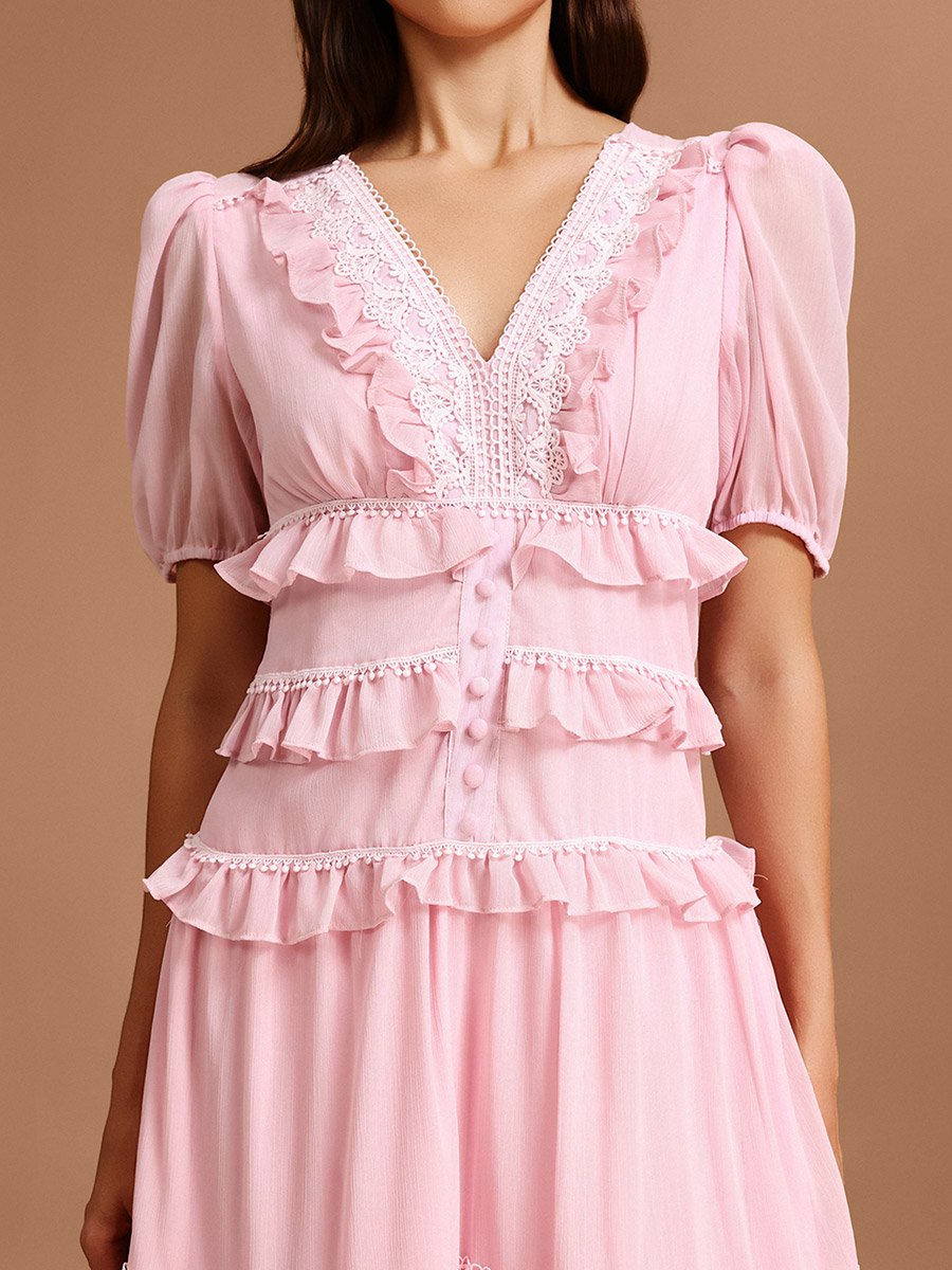 Women Pink Puff Sleeves Lace Detail Maxi Dress