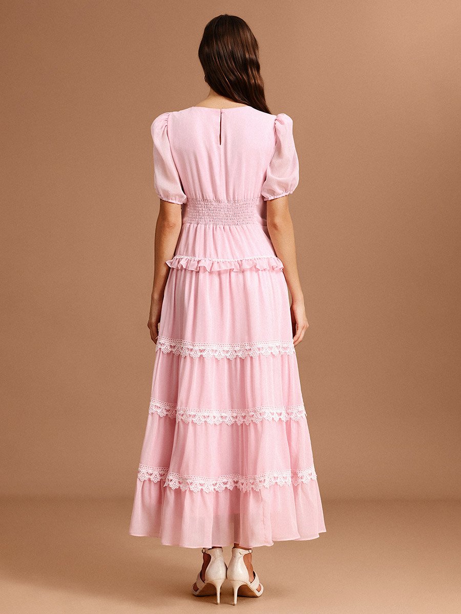 Women Pink Puff Sleeves Lace Detail Maxi Dress