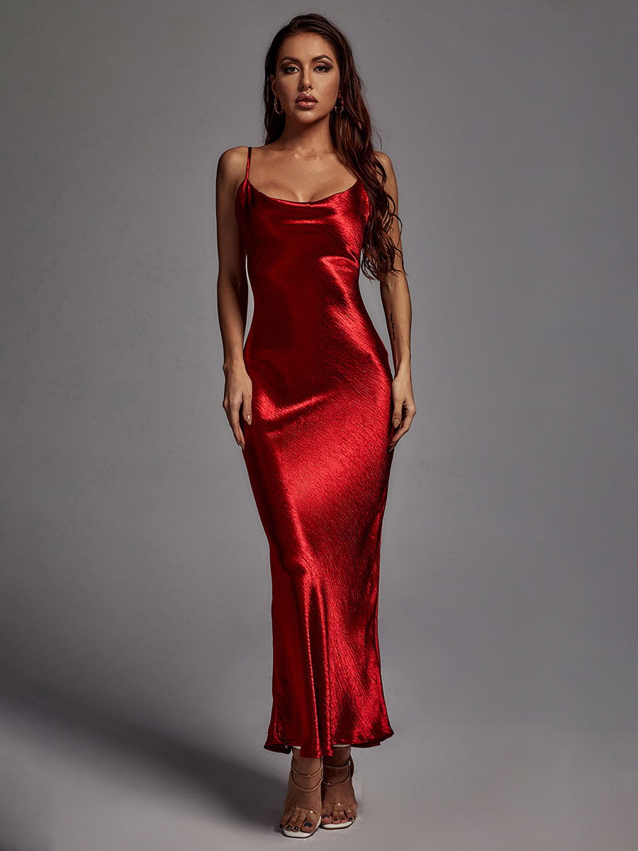 Women Red Solid Satin Cami Maxi Dress