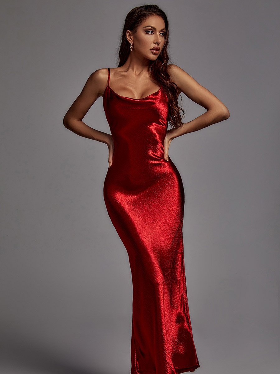 Women Red Solid Satin Cami Maxi Dress
