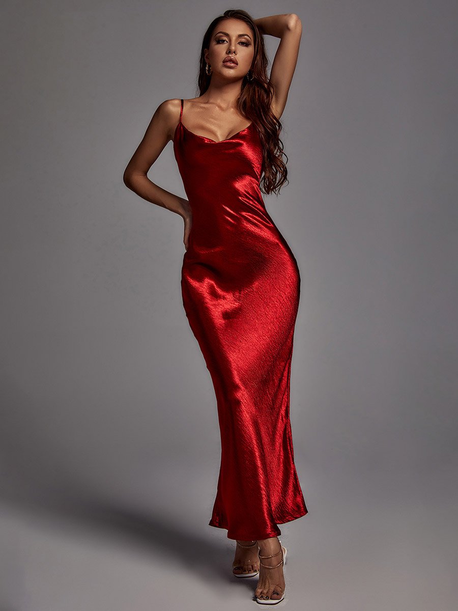 Women Red Solid Satin Cami Maxi Dress