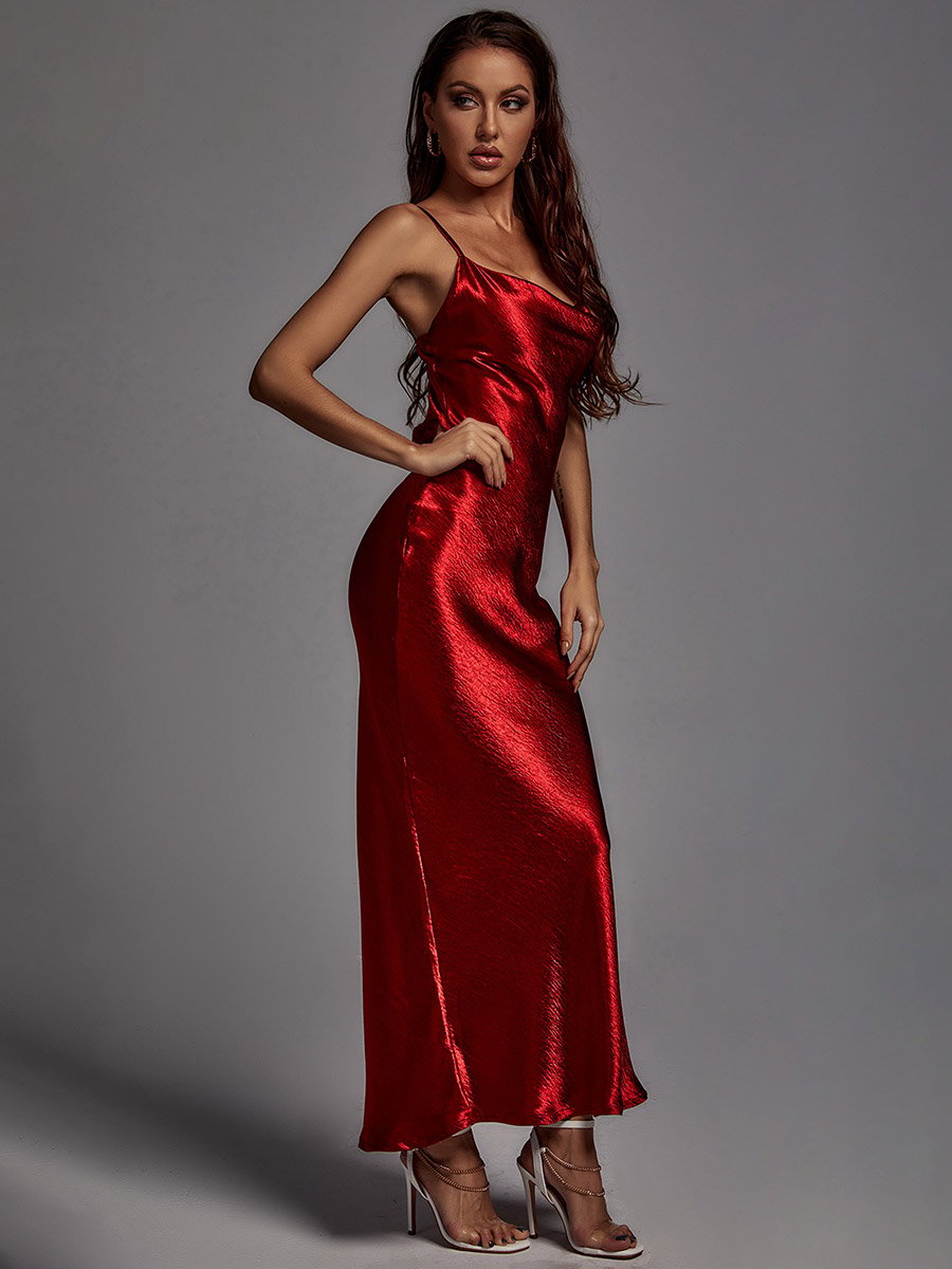 Women Red Solid Satin Cami Maxi Dress