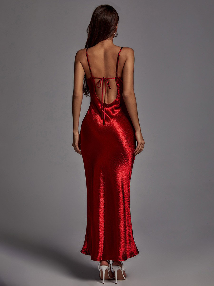 Women Red Solid Satin Cami Maxi Dress