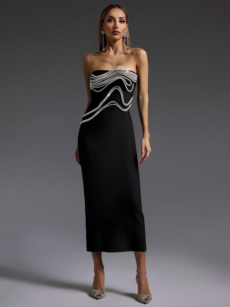 Women Black Embellished Bodycon Midi Dress