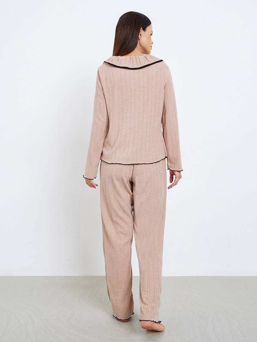 Rib Flounce Tie Detail T-Shirt and Pyjama Set