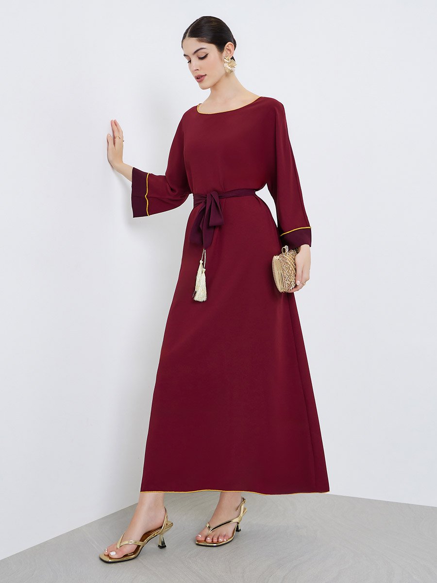 Women Burgundy Maxi Jalabiya with Gold Trim