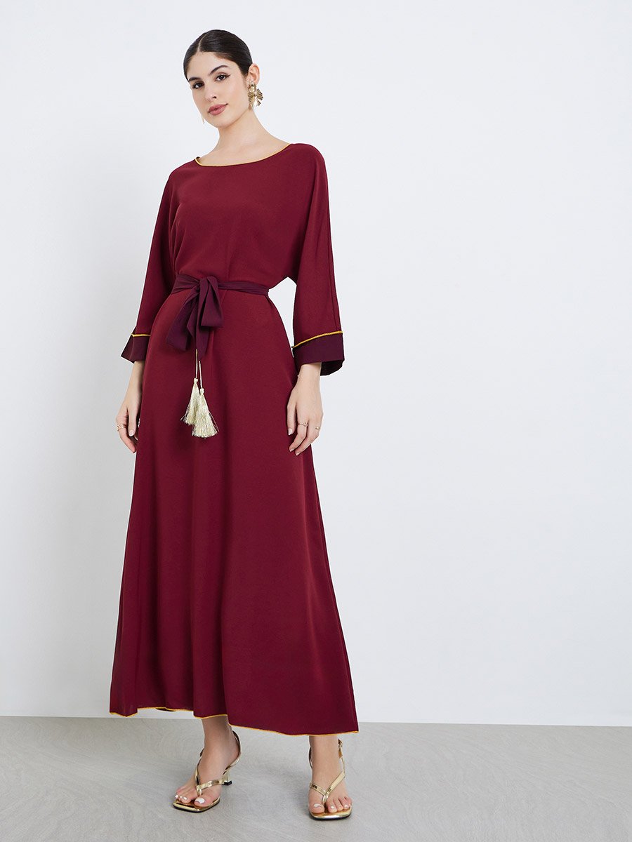 Women Burgundy Maxi Jalabiya with Gold Trim