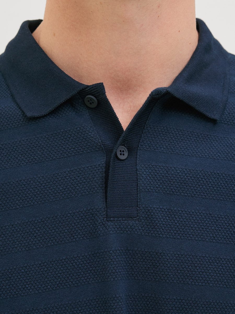 Navy Blue Long Sleeve Knitted Polo
