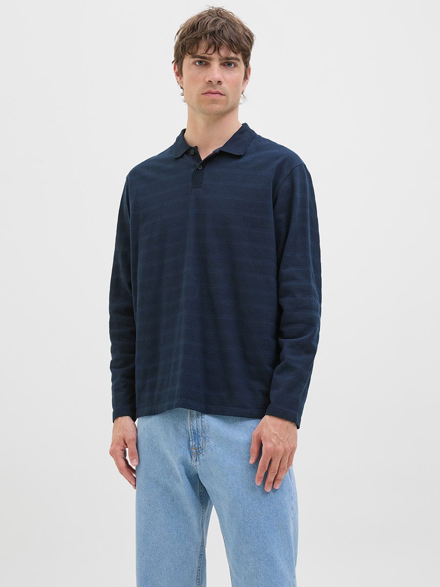 Navy Blue Long Sleeve Knitted Polo