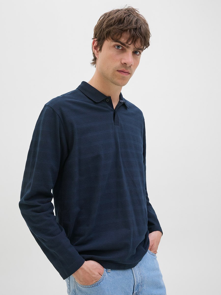 Navy Blue Long Sleeve Knitted Polo
