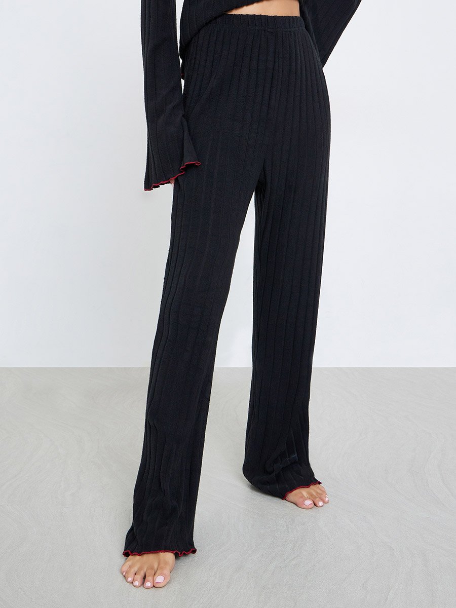 Rib Bow Trim Detail Top and Pyjama Set