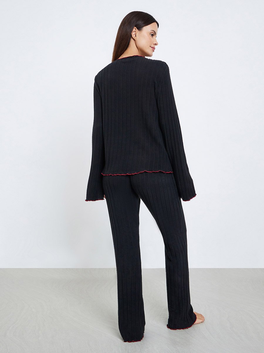 Rib Bow Trim Detail Top and Pyjama Set