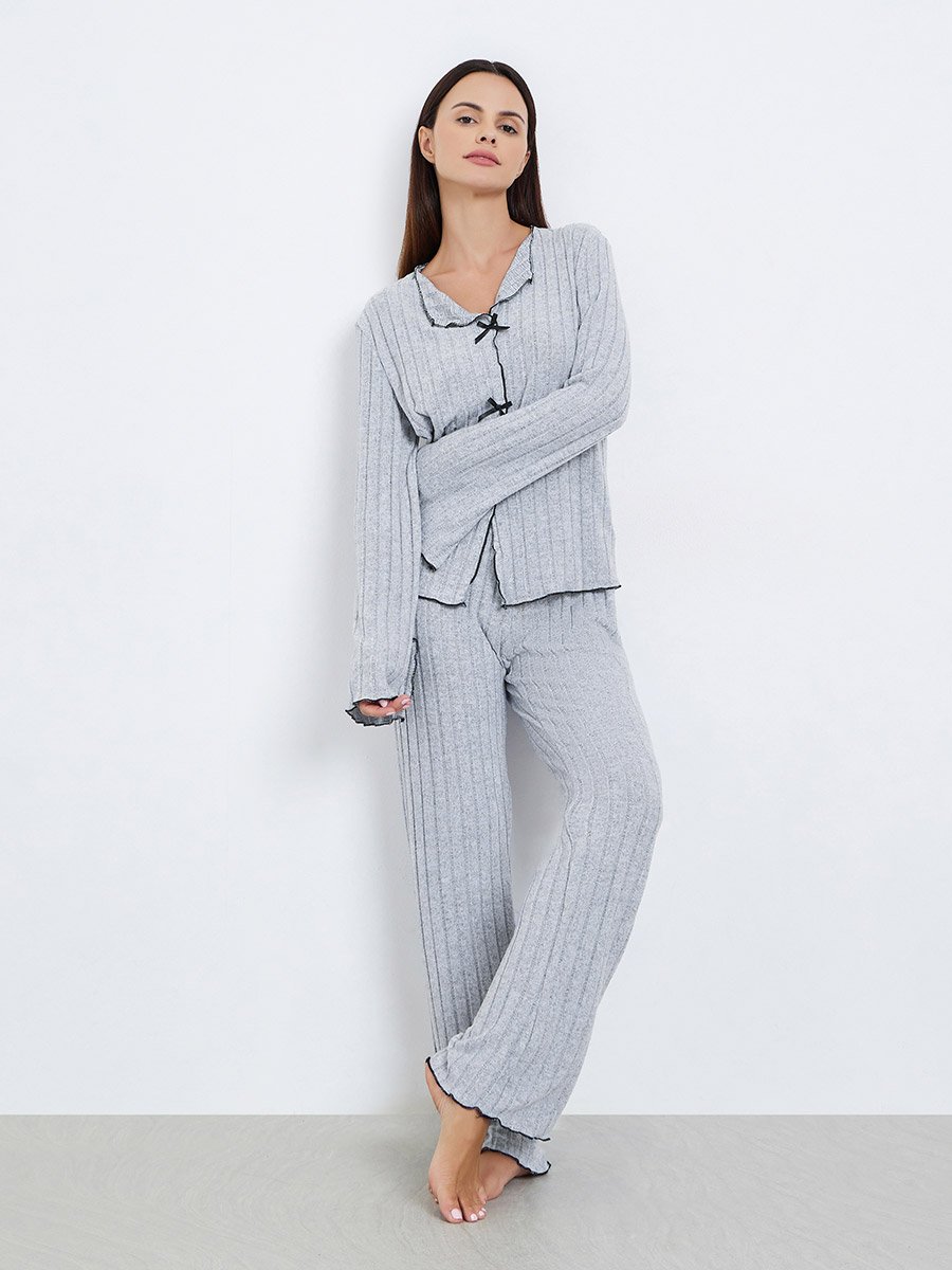 Rib Bow Trim Detail Top and Pyjama Set