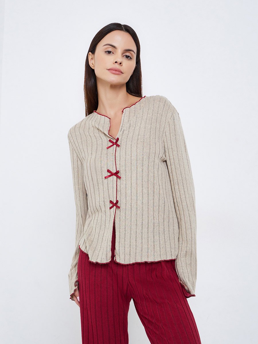Rib Bow Trim Detail Top and Pyjama Set