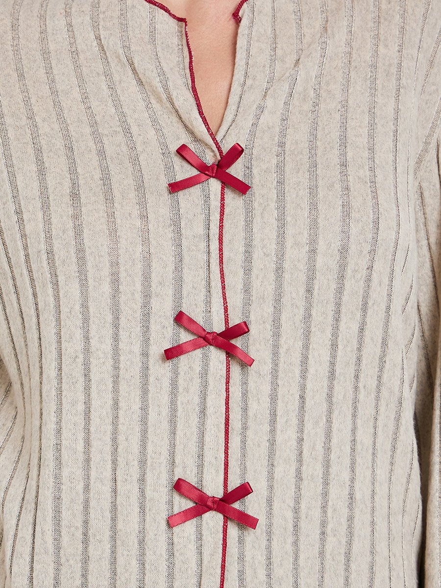 Rib Bow Trim Detail Top and Pyjama Set