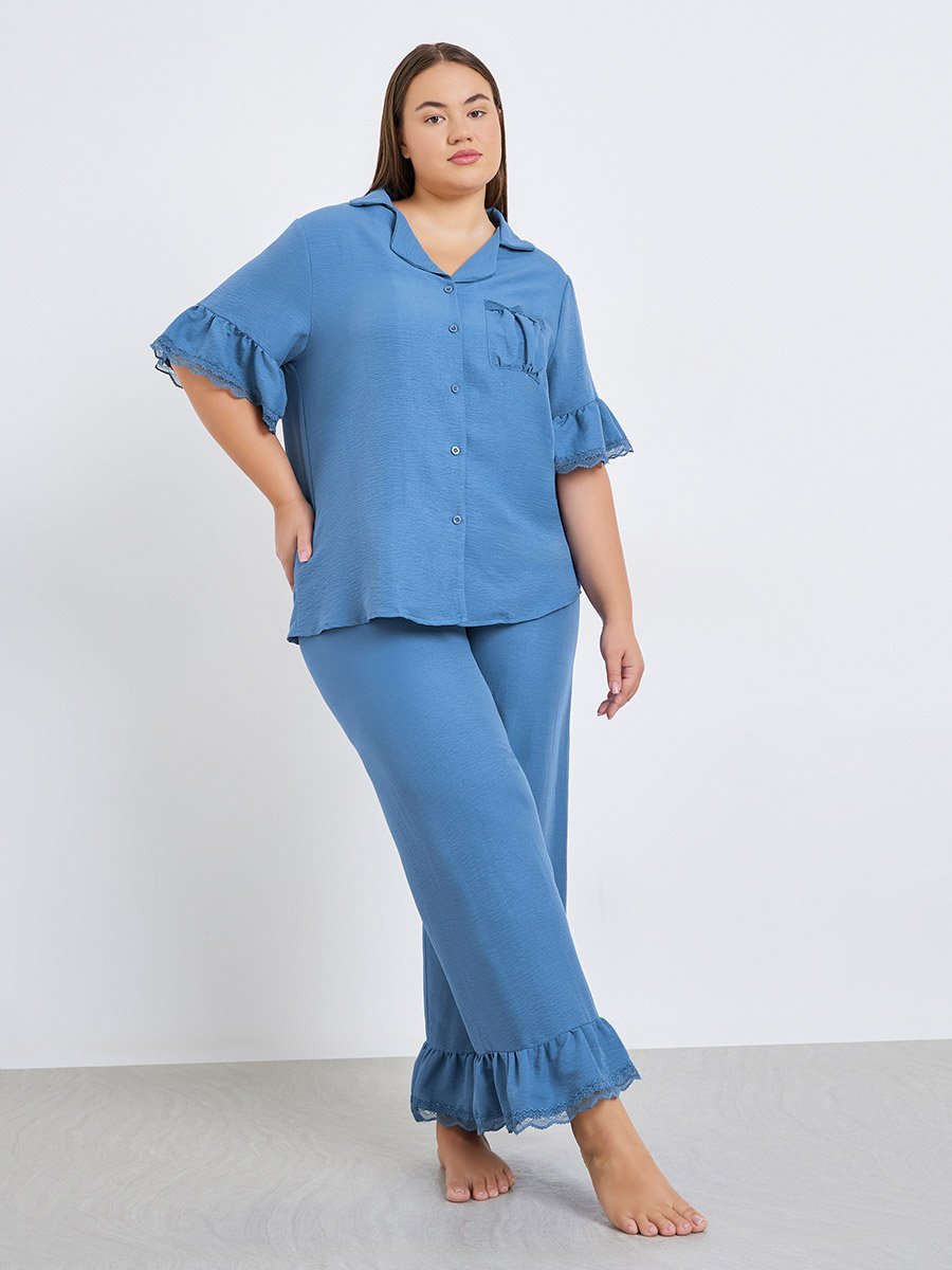 Plus Size Ruffle Lace Trim Shirt and Pyjama Set
