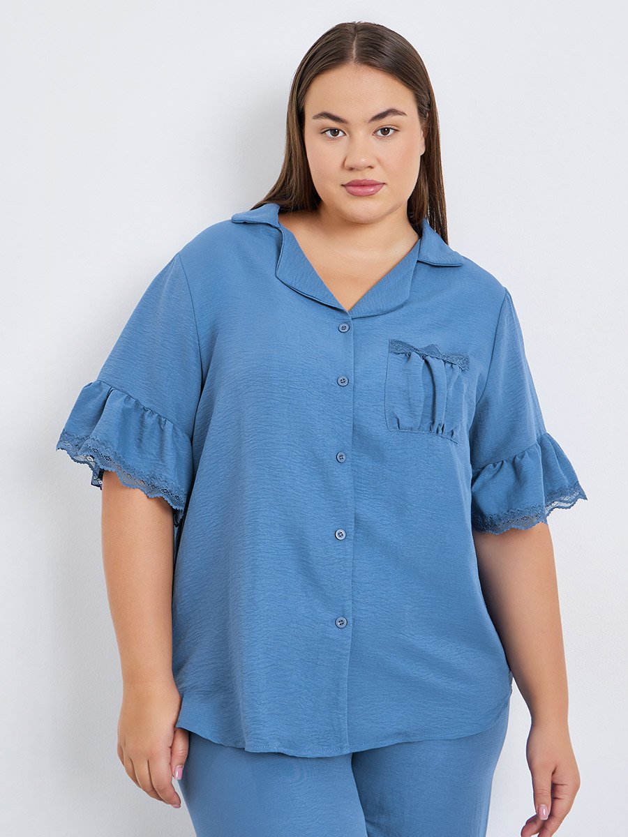 Plus Size Ruffle Lace Trim Shirt and Pyjama Set
