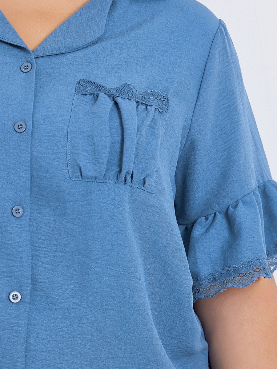 Plus Size Ruffle Lace Trim Shirt and Pyjama Set