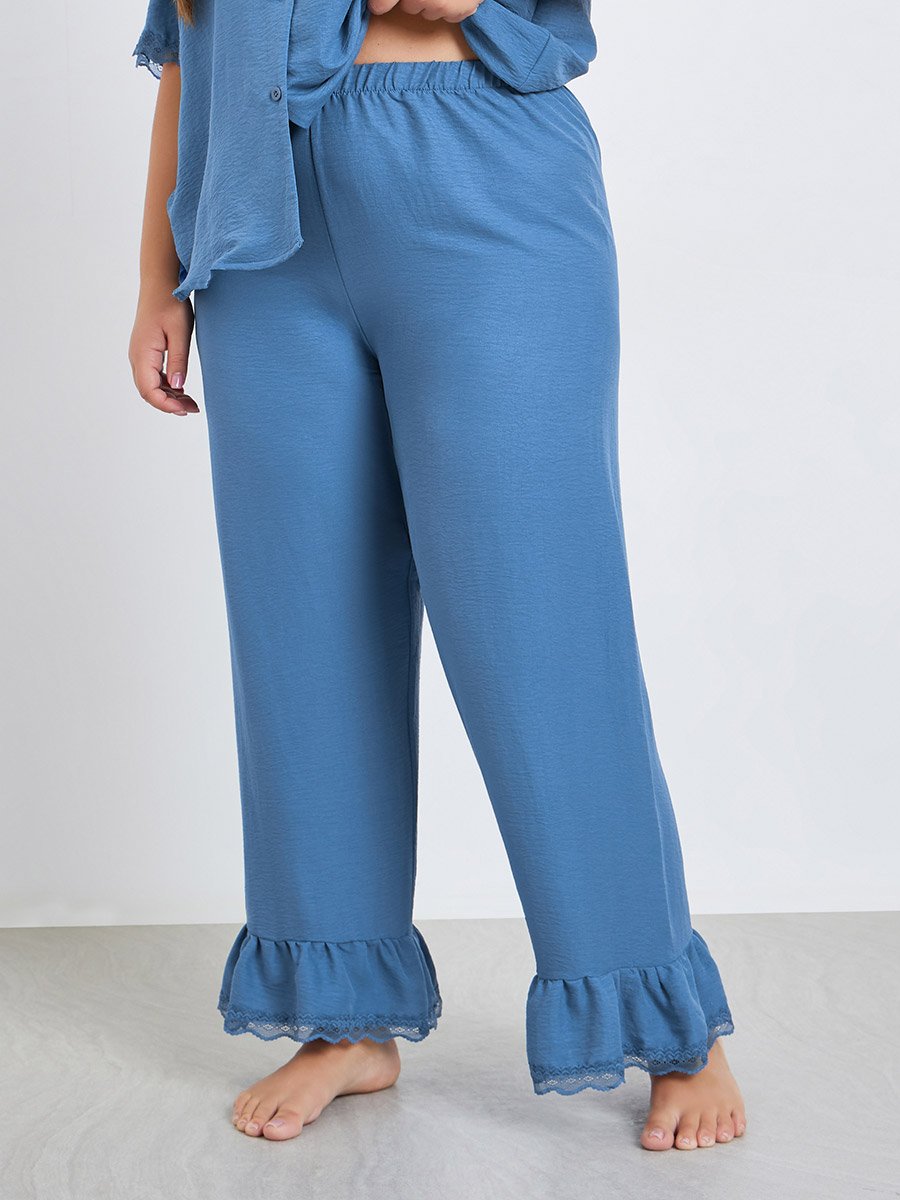 Plus Size Ruffle Lace Trim Shirt and Pyjama Set