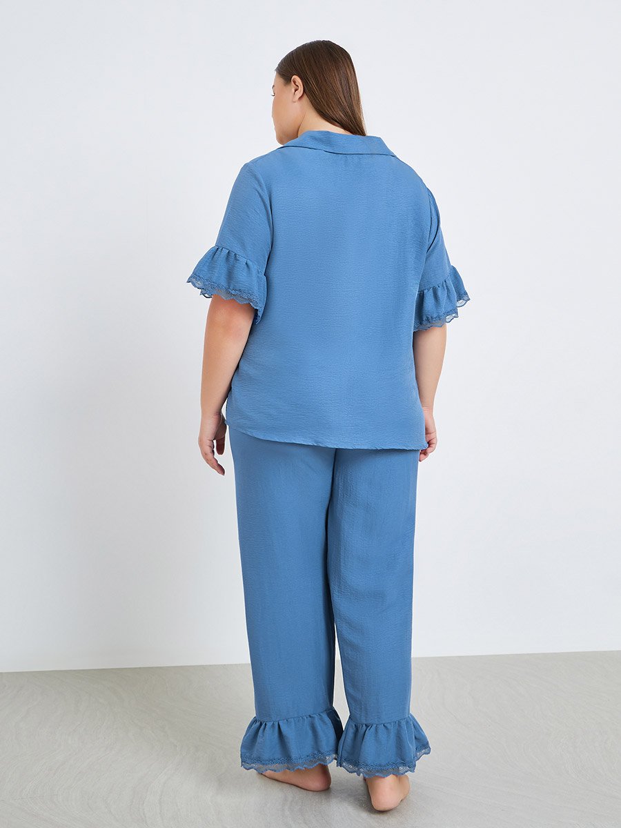 Plus Size Ruffle Lace Trim Shirt and Pyjama Set