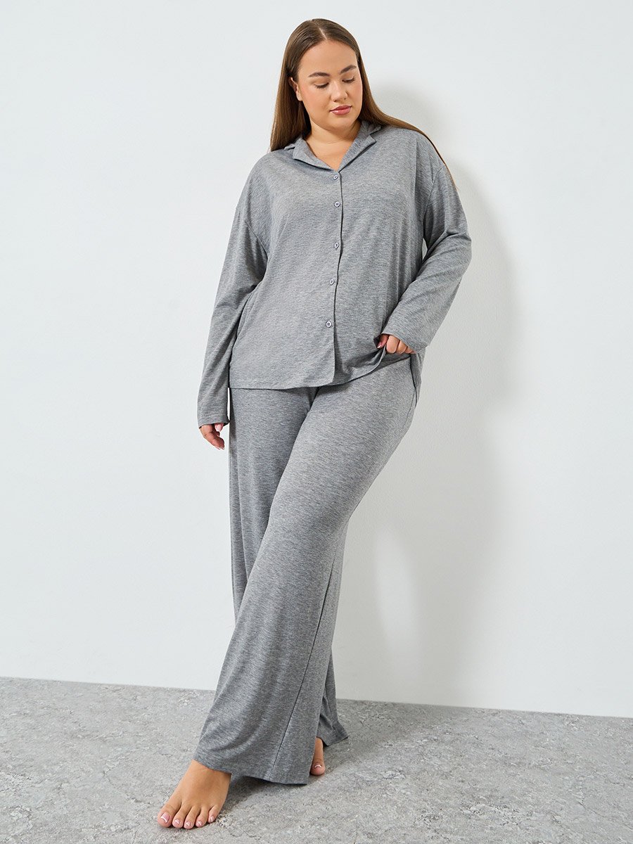 Plus Size Melange Shirt and Wide Leg Pyjama Set