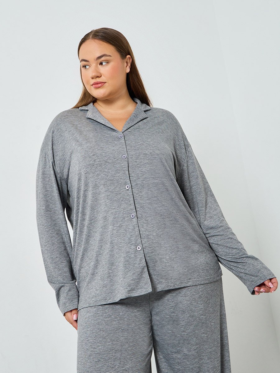 Plus Size Melange Shirt and Wide Leg Pyjama Set