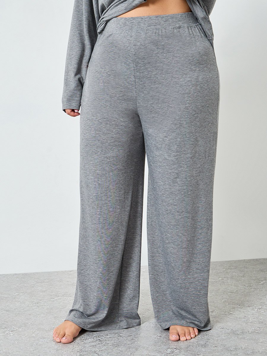 Plus Size Melange Shirt and Wide Leg Pyjama Set