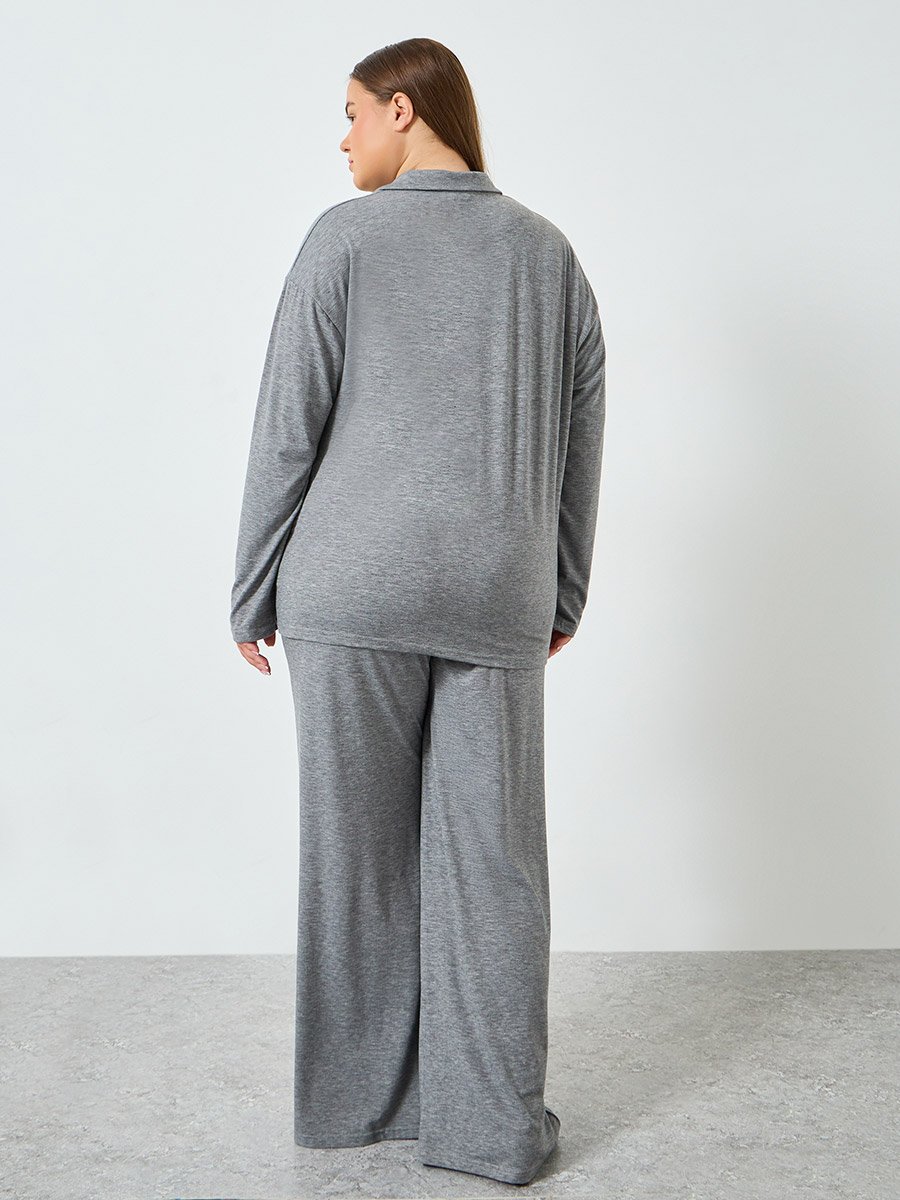 Plus Size Melange Shirt and Wide Leg Pyjama Set