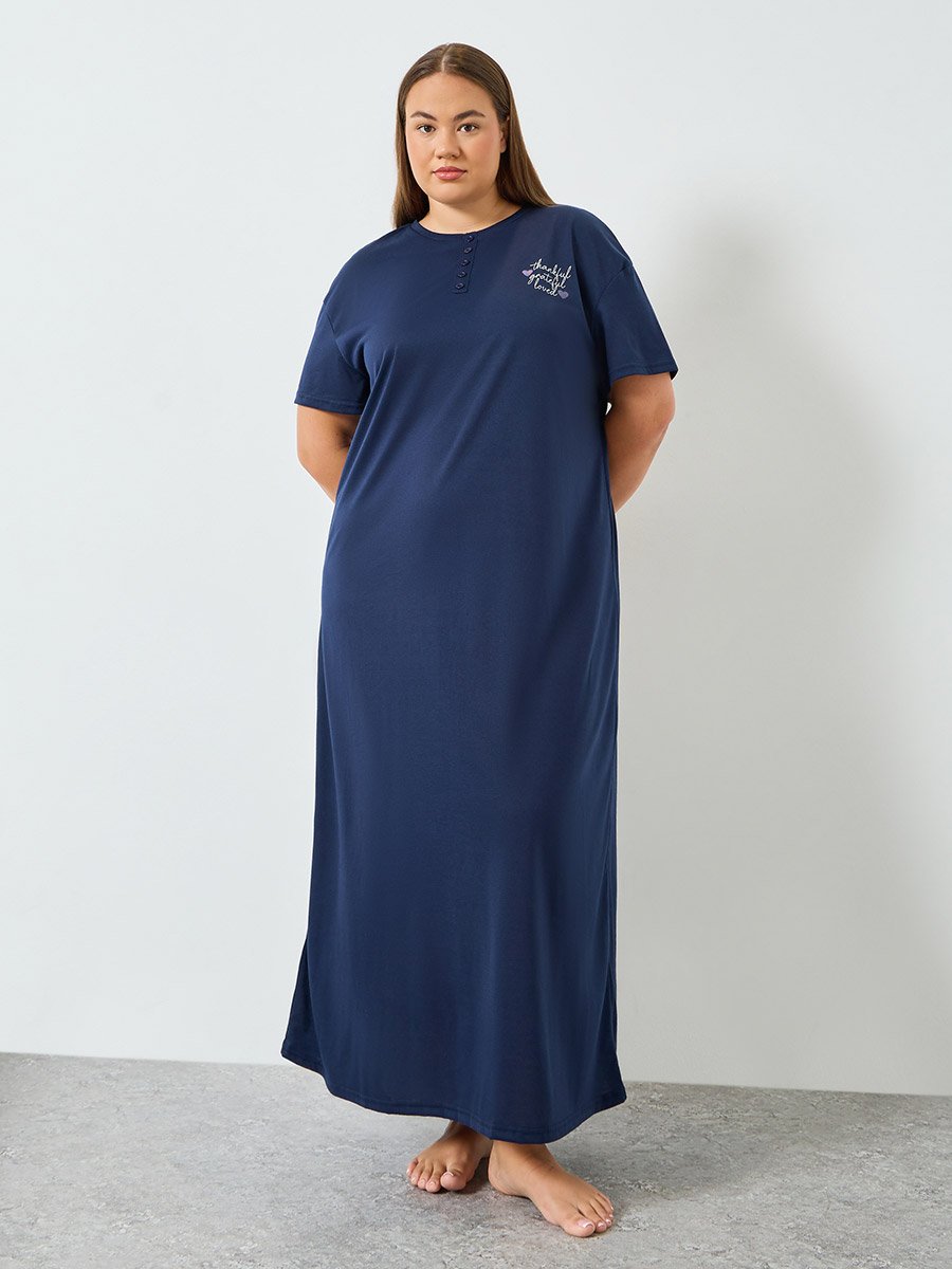 Plus Size Navy Blue Printed Slogan T-Shirt Dress