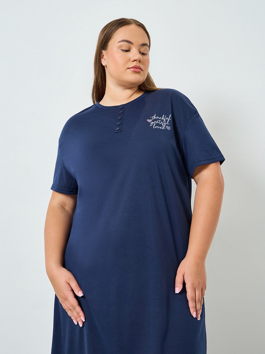 plus size navy blue t shirt dress Plus Size Navy Blue Printed Slogan T-Shirt Dress For Women at Bahrain