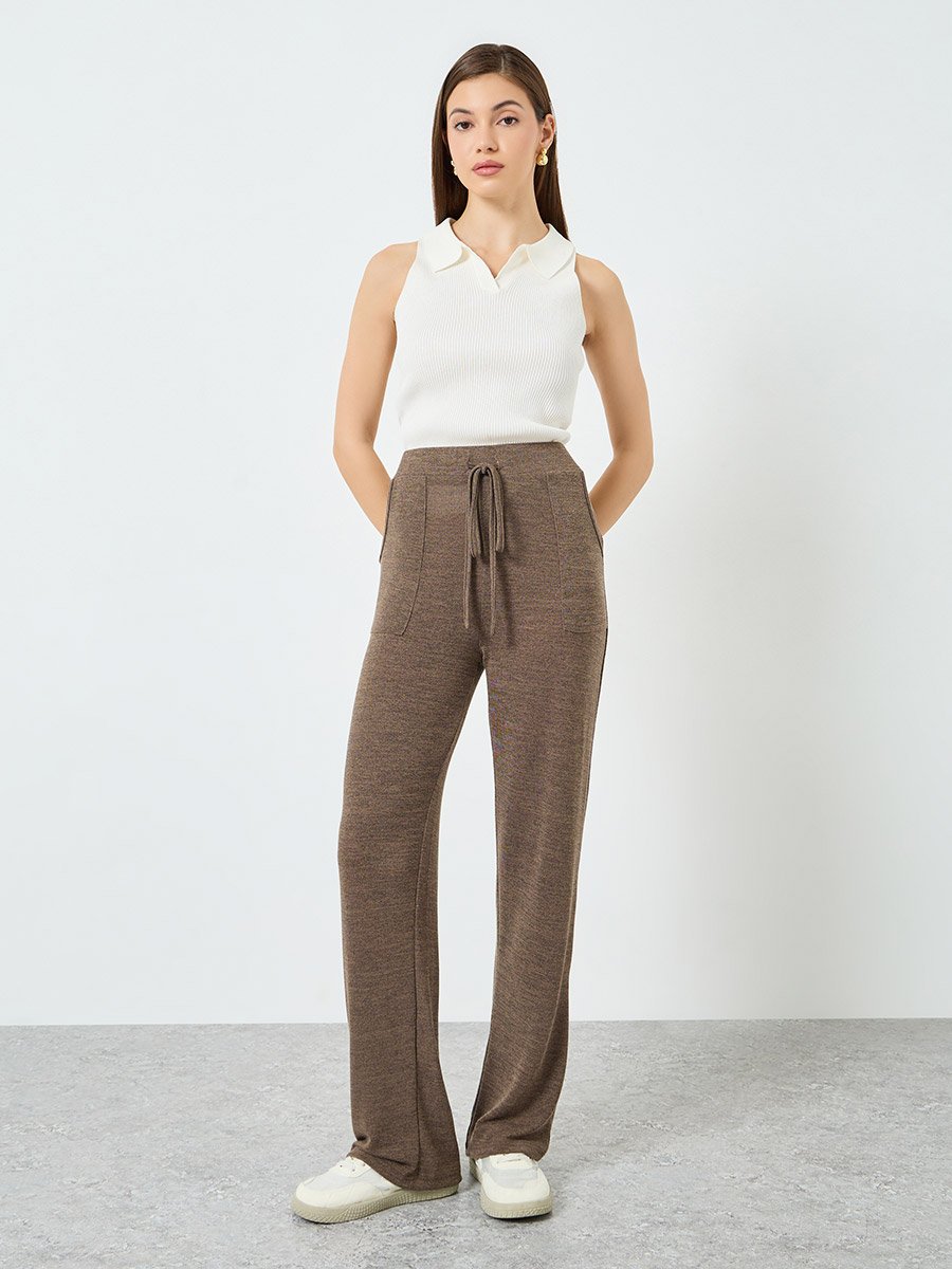 Women Brown Solid Knit Pants with Pocket