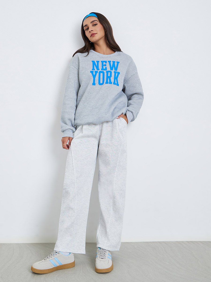 Women Grey Oversize Printed Sweatshirts