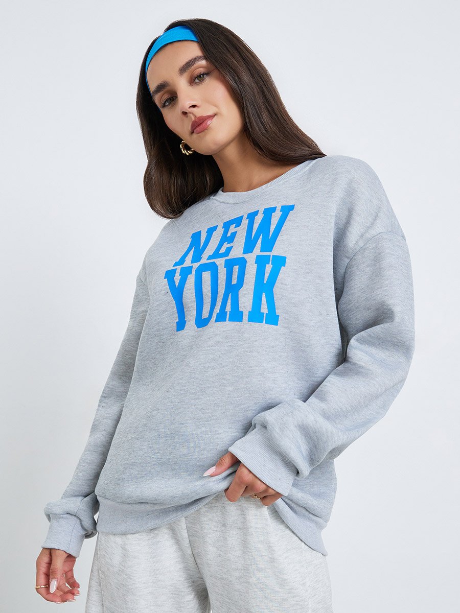 Women Grey Oversize Printed Sweatshirts