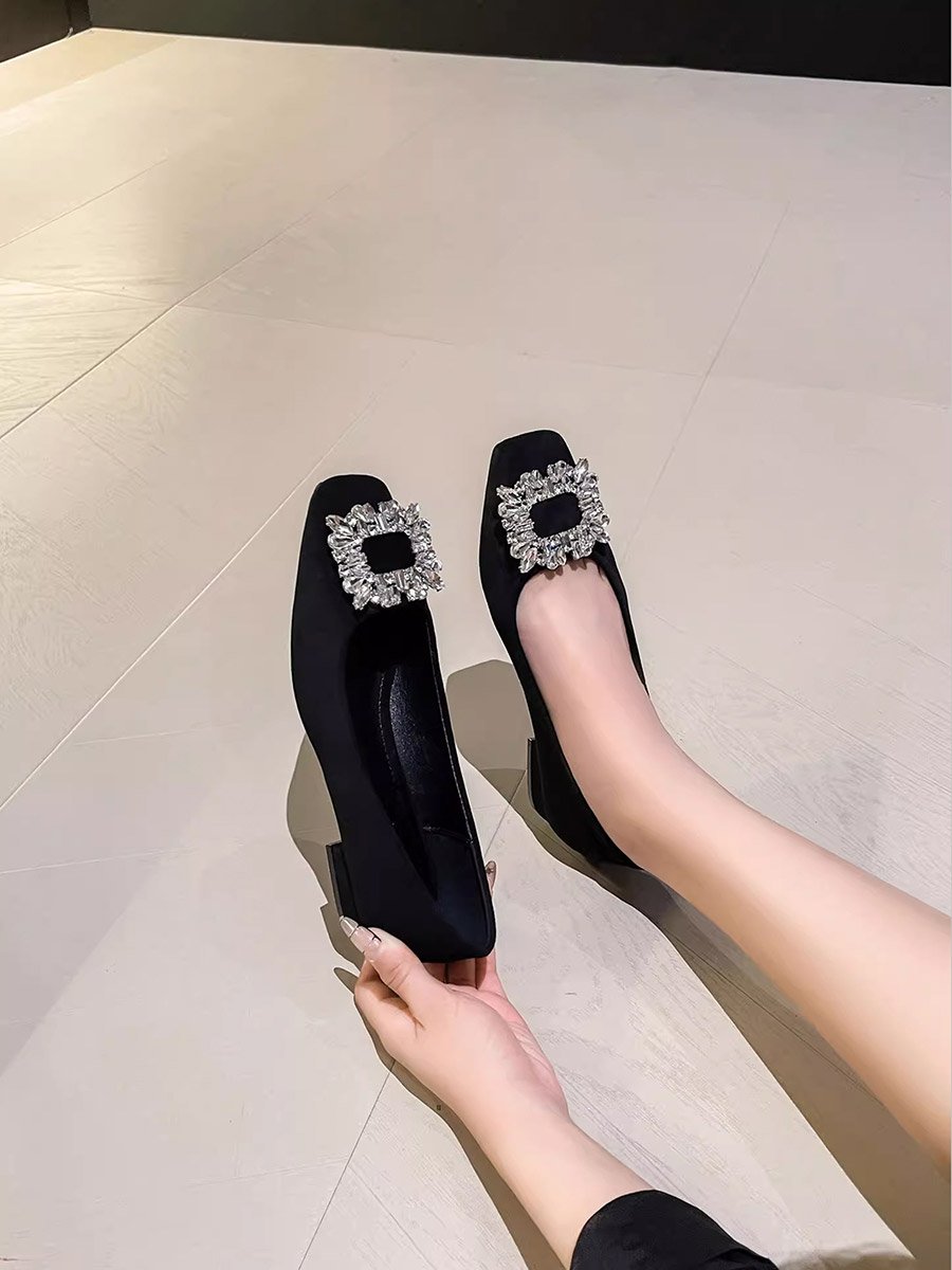 Black Embellished Square Buckle Flats Shoes